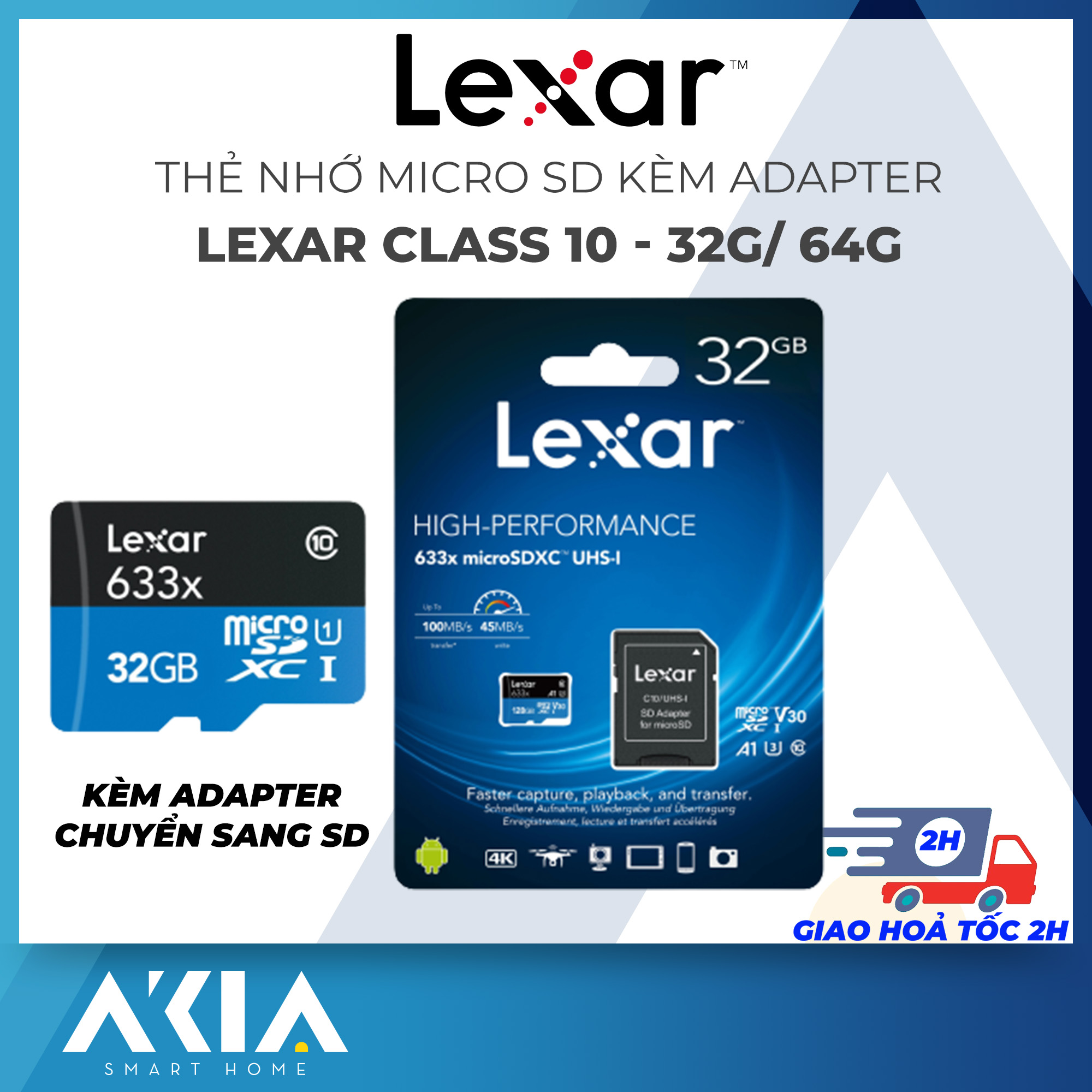Thẻ nhớ Micro SD Lexar 32GB/ 64GB/ 128GB, A1 Class 10, 633x U1 100MB/s - Kèm Adapter chuyển SD, Hàng chính hãng, Bảo hành 3 năm