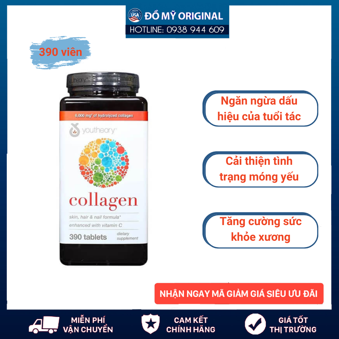 Viên Uống Collagen 390 Viên Biotin Youtheory Hàng Nhập Mỹ Ngăn Ngừa Đẩy Lùi Các Dấu Hiệu Lão Hóa Giúp Tóc Và Móng Chắc Khỏe