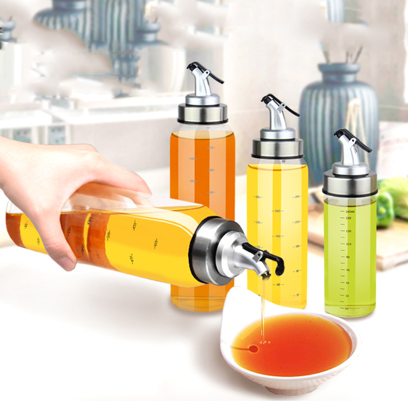 Bình đựng nước mắm, dấm, dầu ăn và gia vị khác 180-300-500ml bằng thủy tinh với nắp đạy thông minh