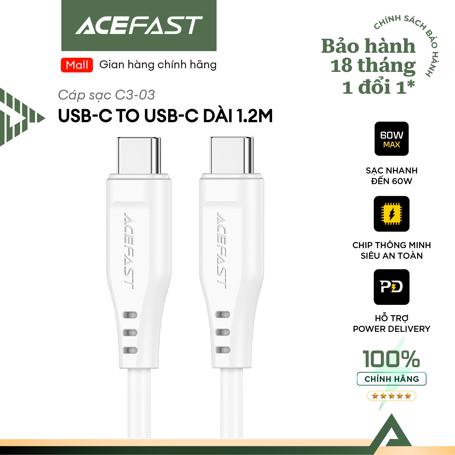 Cáp sạc acefast type c to type c sạc nhanh pd 60w dài 1.2m - c3-03 hàng chính hãng