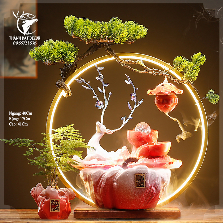 Thác nước khói trầm hương thác phong thủy cao cấp hươu xanh Đỏ kèm đèn Led sang trọng