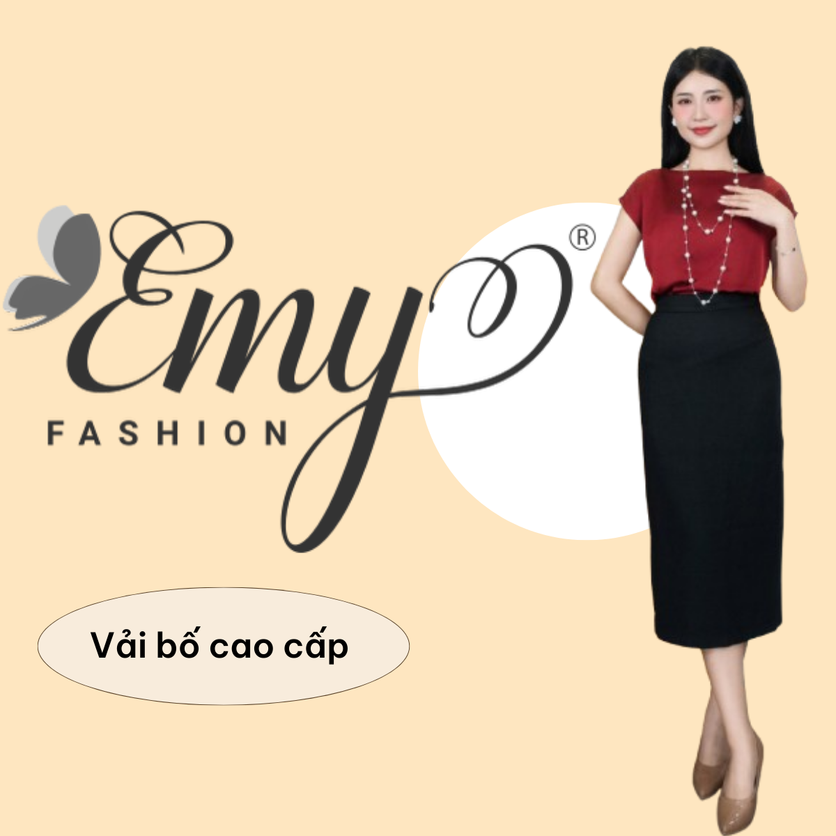Đầm Thiết Kế EMY Thời Trang Cao Cấp Trung Niên V9475 Chân Váy Bút Chì Vải Bố Cao Cấp, Nền Đen Sang Chảnh Đi Tiệc