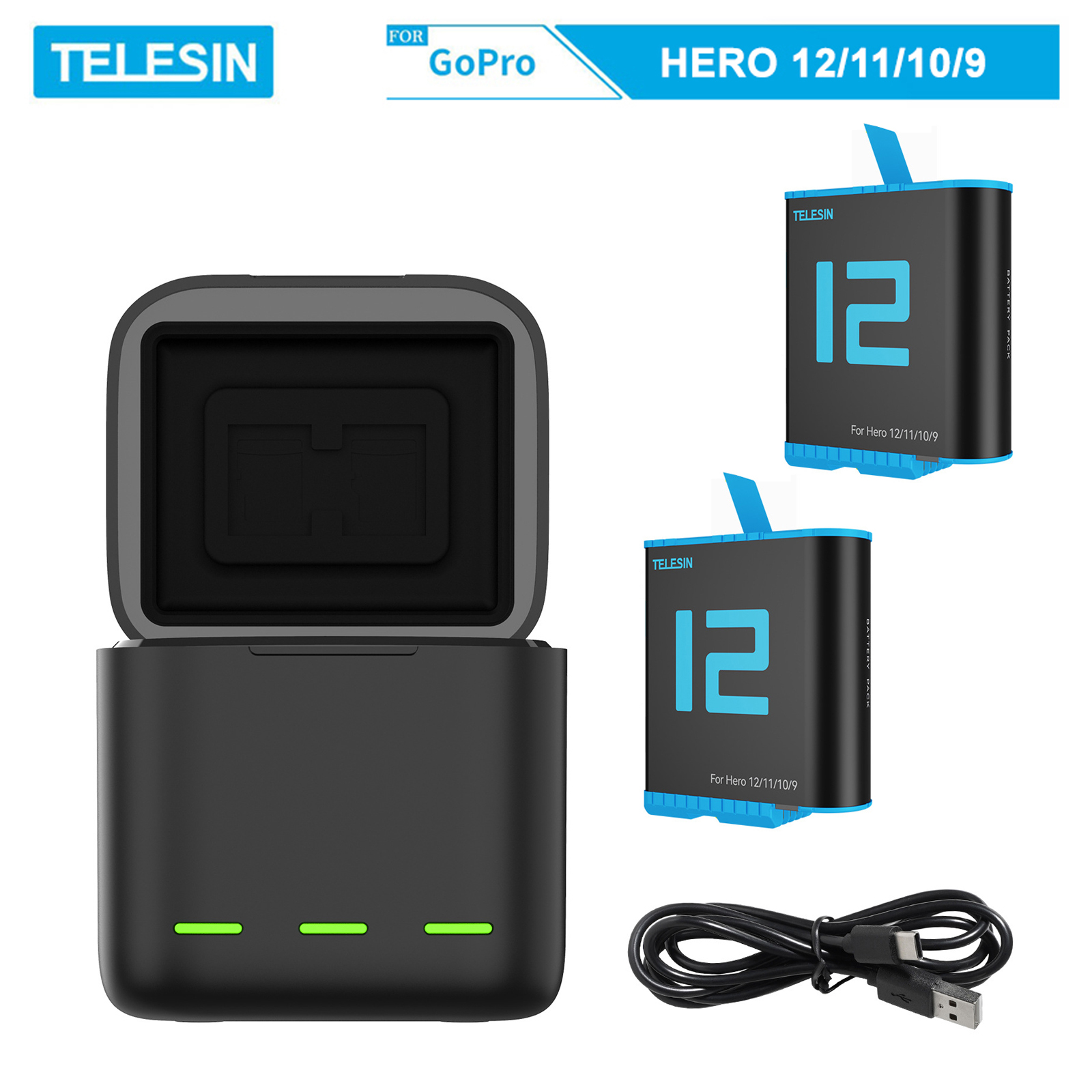 Combo sạc 3 + 2 pin TELESIN cho GOPRO HERO 9, GOPRO HERO 10, GOPRO HERO 11, GOPRO HERO 12 - (CSG9-01)