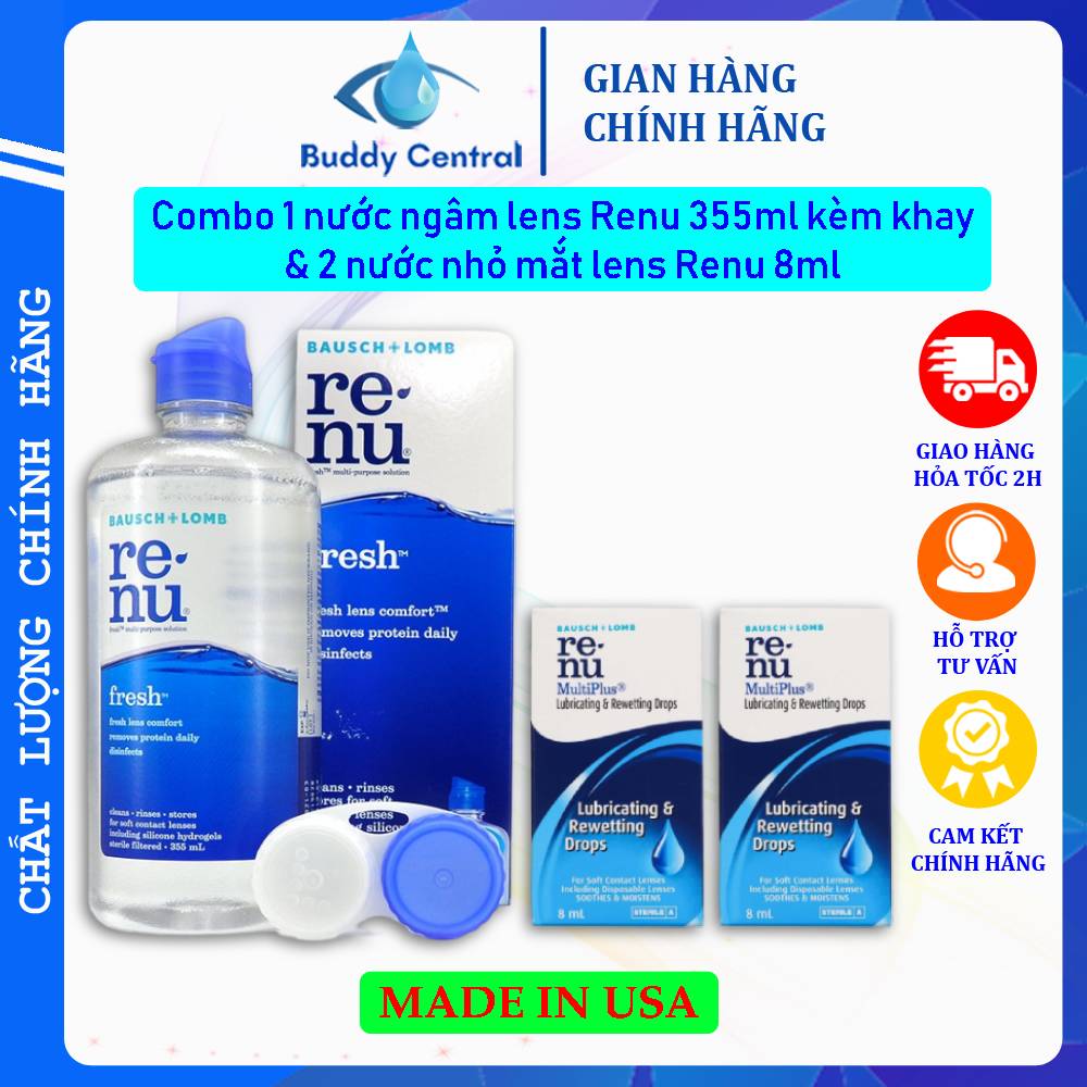 Combo 1 nước ngâm lens Renu 355ml & 2 nước nhỏ mắt Renu 8ml - Bausch & Lomb - USA - Buddy Central