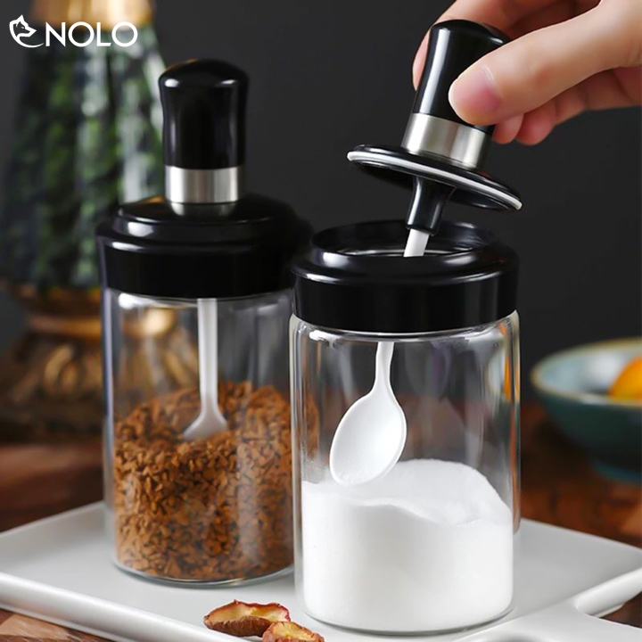 Combo 2 Lọ Hủ Thủy Tinh Đựng Gia Vị Có Muỗng Nắp Nhựa Rời Có Ron Silicone Chống Tràn Dung Tích 250ml