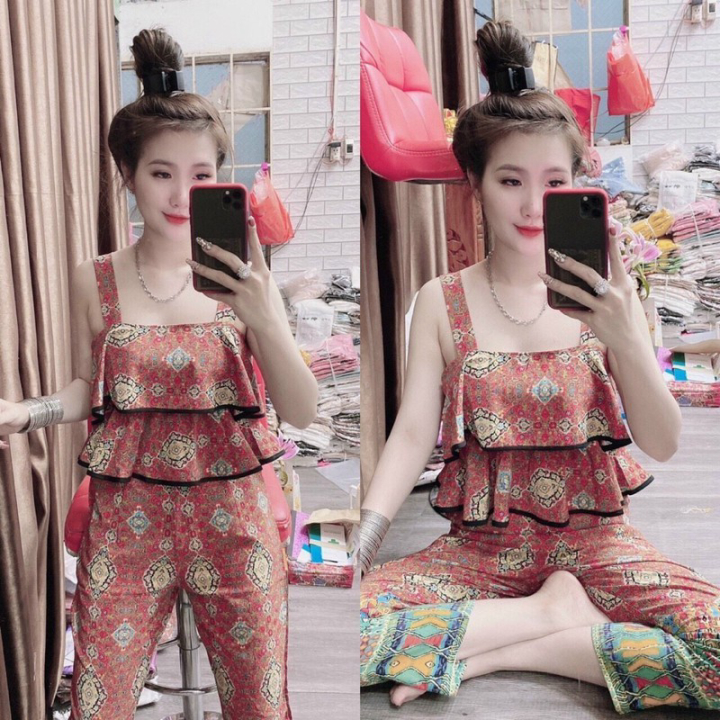 Bộ đồ nữ mặc nhà hai dây quần dài chất vải lanh cotton thoáng mát nhiều màu