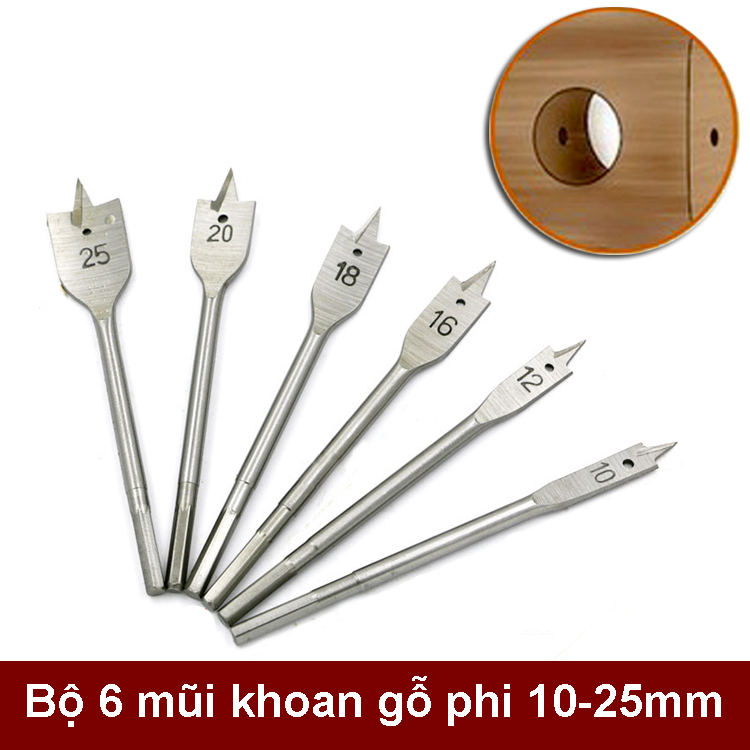 Bộ 6 mũi khoan khoét Gỗ đuôi cá phi từ 10-25mm