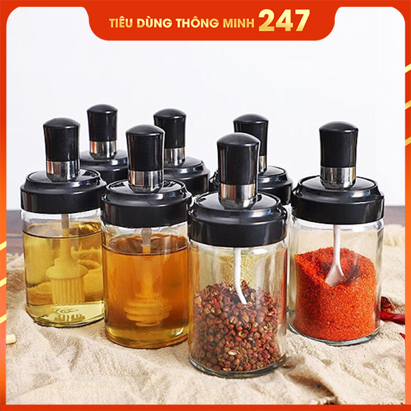 Lọ thủy tinh đựng gia vị 250ml, hũ đựng gia vị thủy tinh kèm thìa cao cấp thông minh