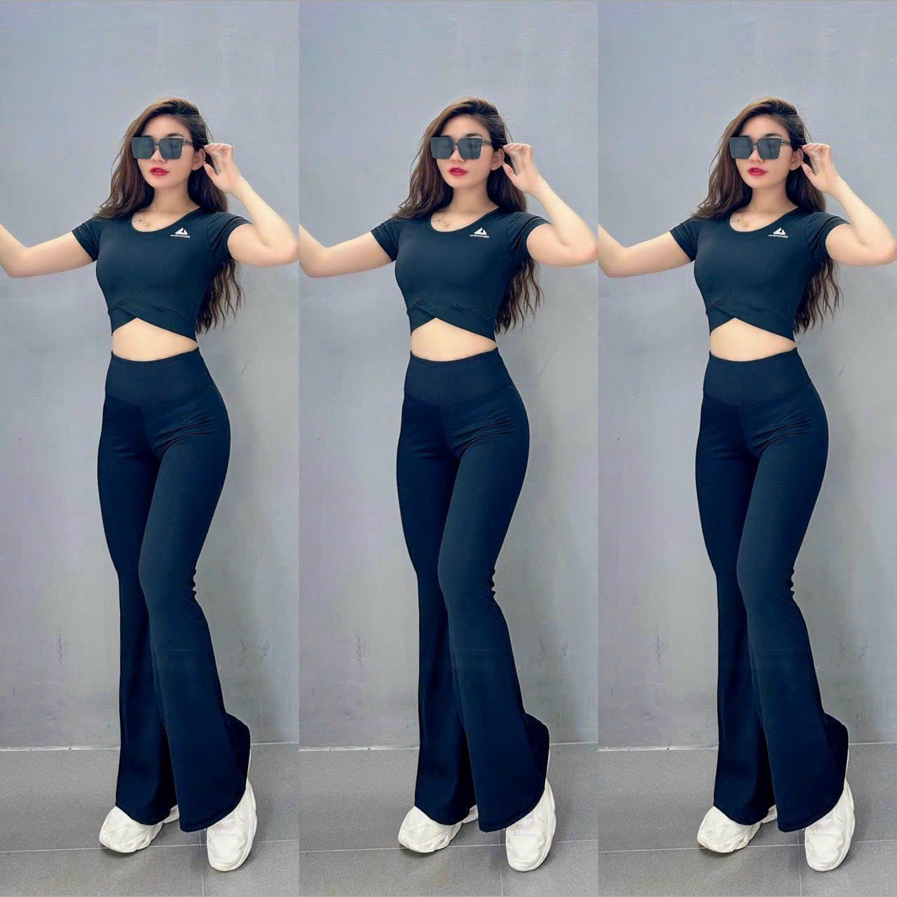 Bộ đồ tập thể thao nữ áo chéo eo quần loe thun lạnh cao cấp tập gym yoga aerobic
