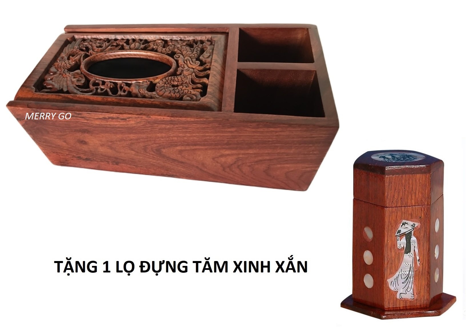 Hộp đựng khăn giấy 3 ngăn bằng gỗ Hương ta đỏ cao cấp tặng 1 lọ tăm khảm cô gái