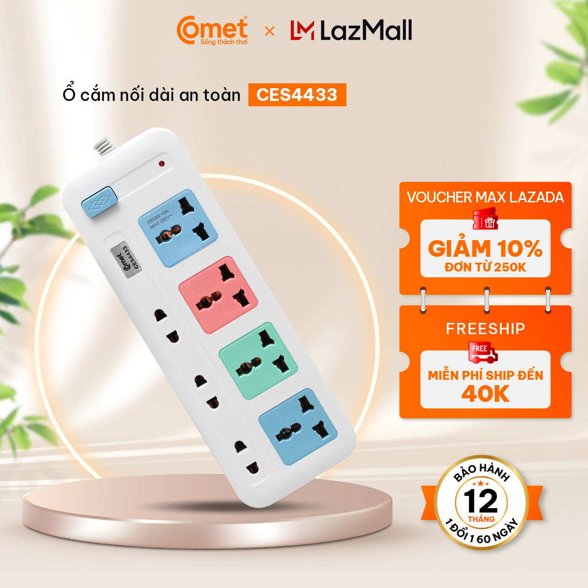 Ổ Cắm Điện Nối Dài Comet CES4433 nhựa ABS cao cấp Thiết kế 4 lỗ cắm 3 chấu và 3 lỗ cắm 2 chấu dây 3m - Hàng Chính Hãng