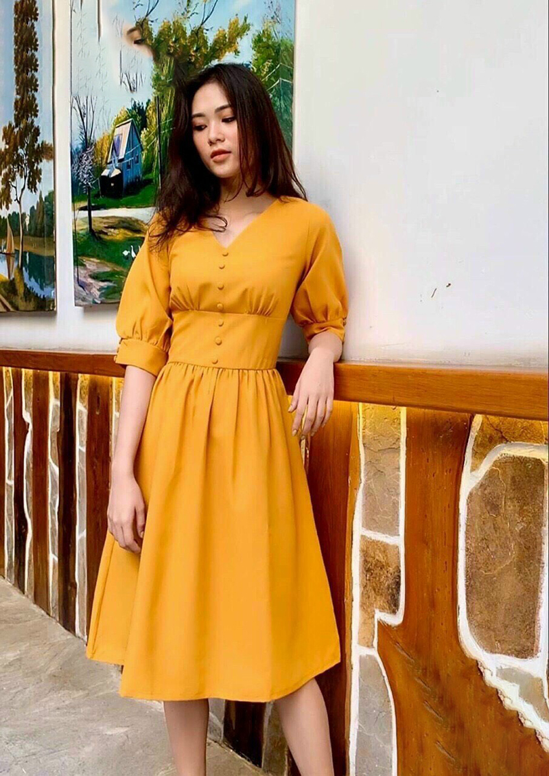 [HCM]Đầm váy xòe cổ tim nút bọc tay phồng thời trang PT Shop kiểu dự tiệc công sở đi chơi dạo phố thích hợp mọi hoàn cảnh onesize từ 42 - 52kg