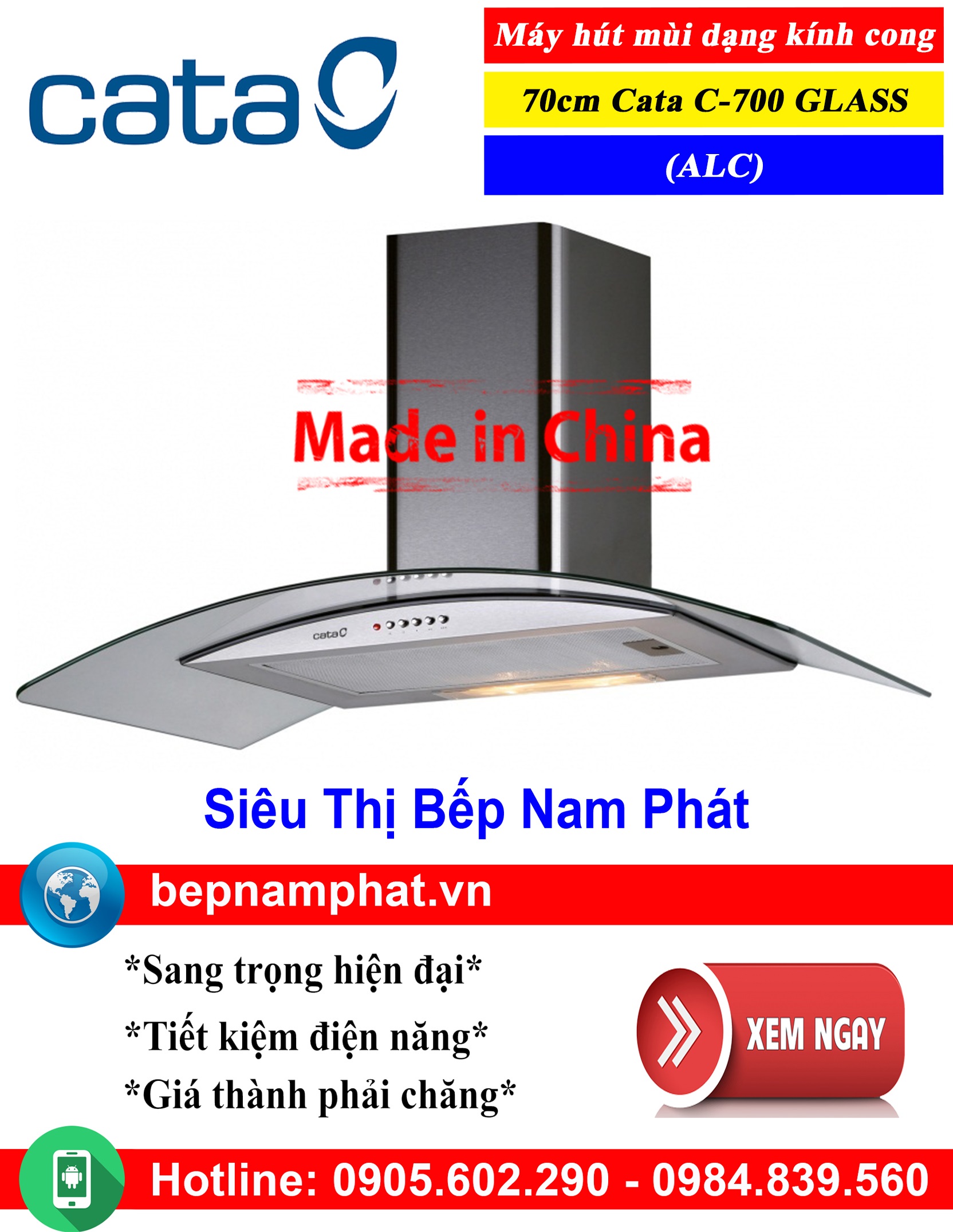 Máy hút mùi Cata C GLASS 700 - Kính cong áp tường, 70cm, chính hãng
