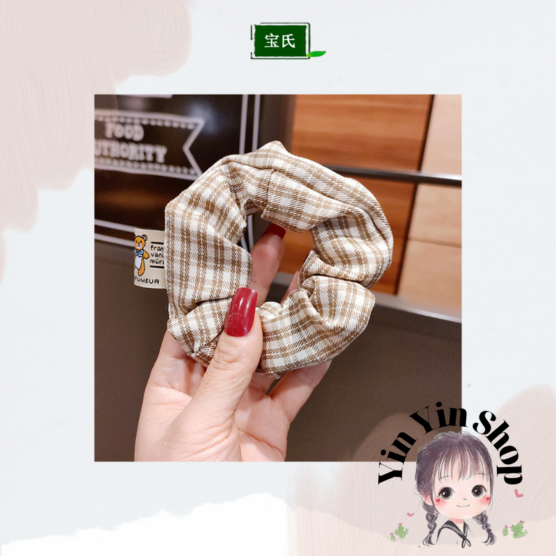 Dây cột tóc scrunchies bản lớn họa tiết caro