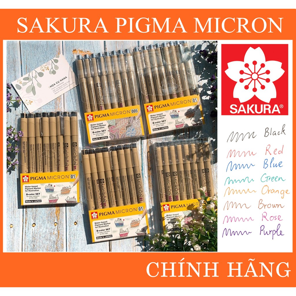 Bộ bút line 8 cây các màu - Sakura PIGMA MICRON- Kháng nước