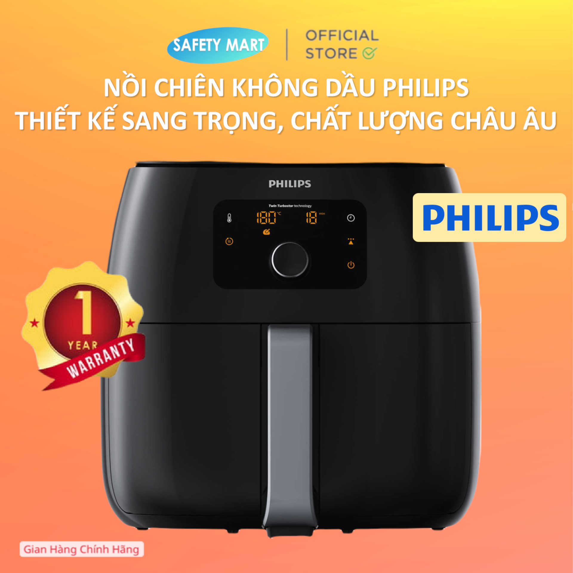 Nồi chiên không dầu philips hd9650 , 7.3l, 2200w, twin turbostar, nút nhấn điện tử - bảo hành 24 tháng - hàng chính hãng safety mart official