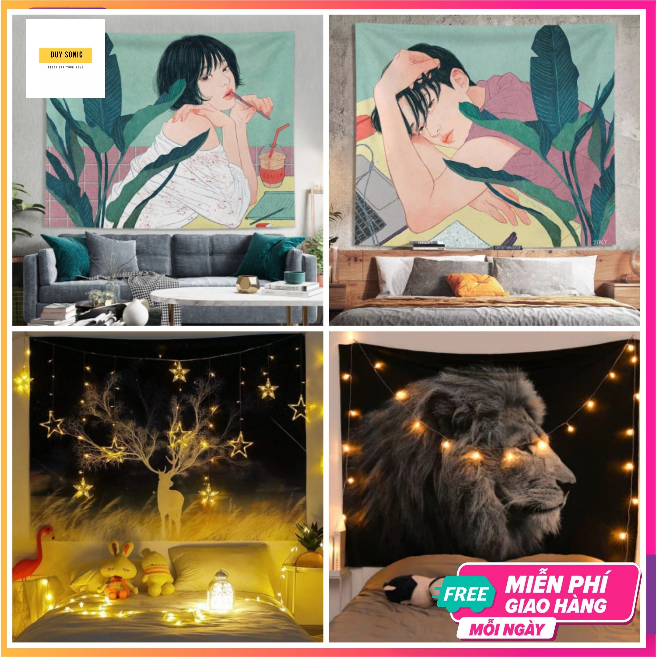 Vải treo tường tặng kèm dây đèn + móc treo - Thảm treo tường, decor phòng ngủ - Tranh vải treo tường trang trí phòng ngủ