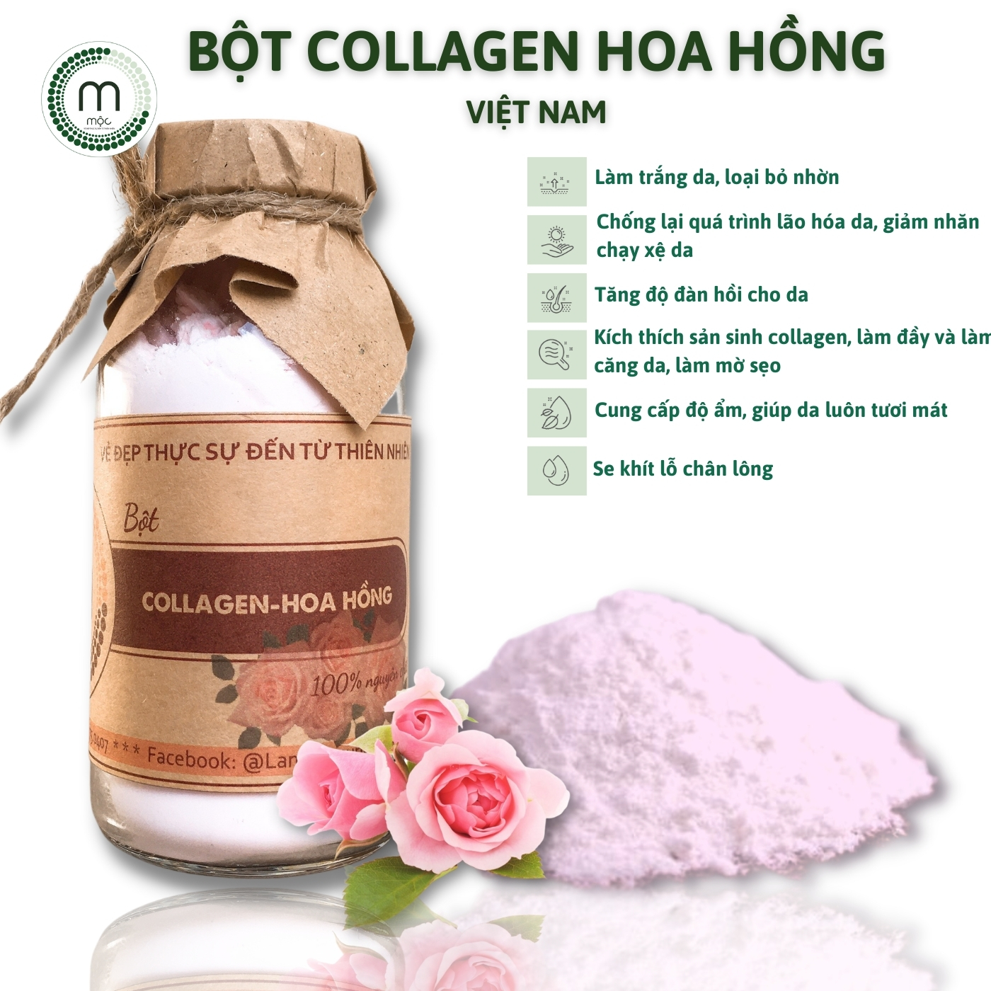 Bột collagen hoa hồng đắp mặt nạ MỘC - nuôi dưỡng da trắng hồng, duy trì sự trẻ trung của làn da chai 100/200ml handmade