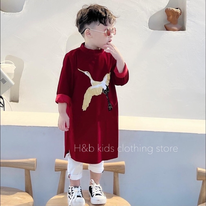 Áo dài cách tân cho bé trai size 10-20kg, áo dài tết bé tr, áo cho bé trai diện tết, áo dài cho bé trai chất nhung mịn