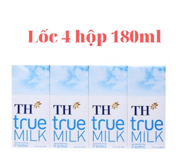 Lốc 4 hộp sữa tươi tiệt ít đường TH True Milk 180ml ,Sữa tươi tiệt trùng TH True Milk ít đường Lốc 4 hộp x 180ml, sữa cho bé