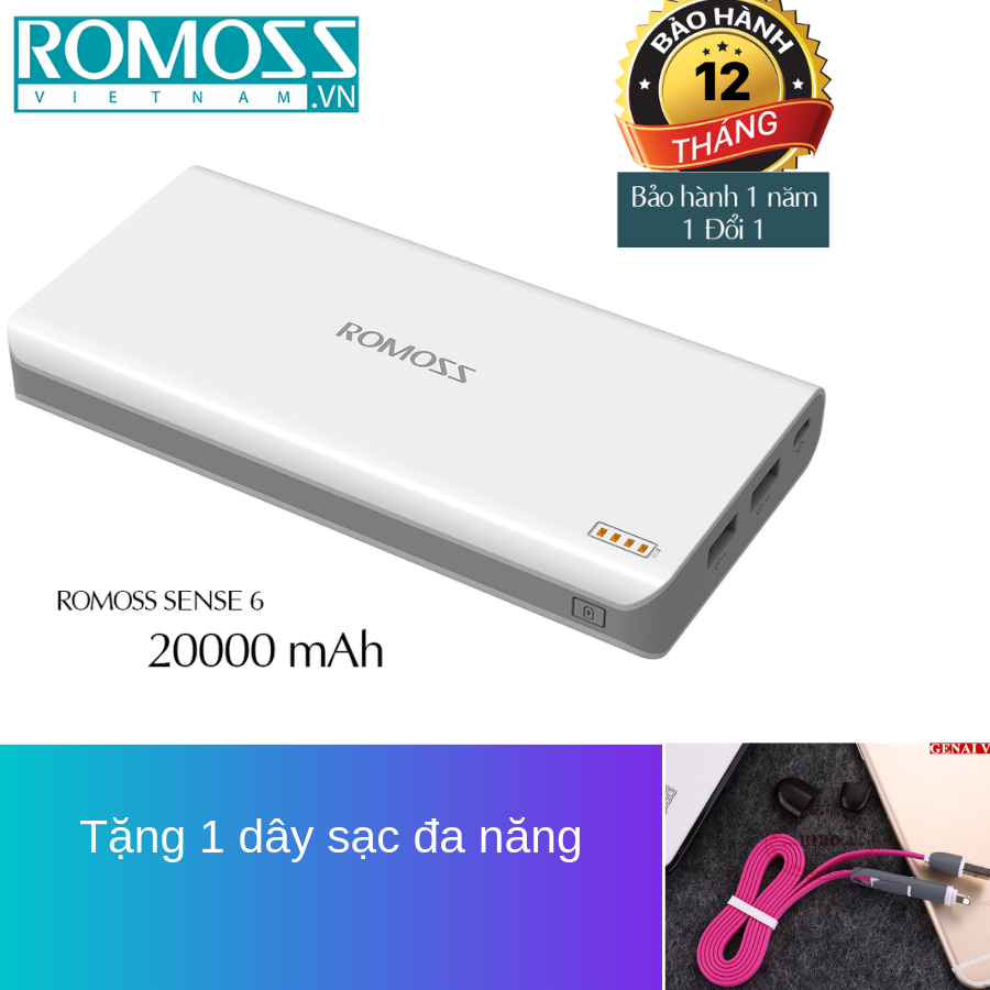 Pin sạc dự phòng 20000mah romoss sense 6 new + tặng 1 dây sạc đa năng, sac du phong