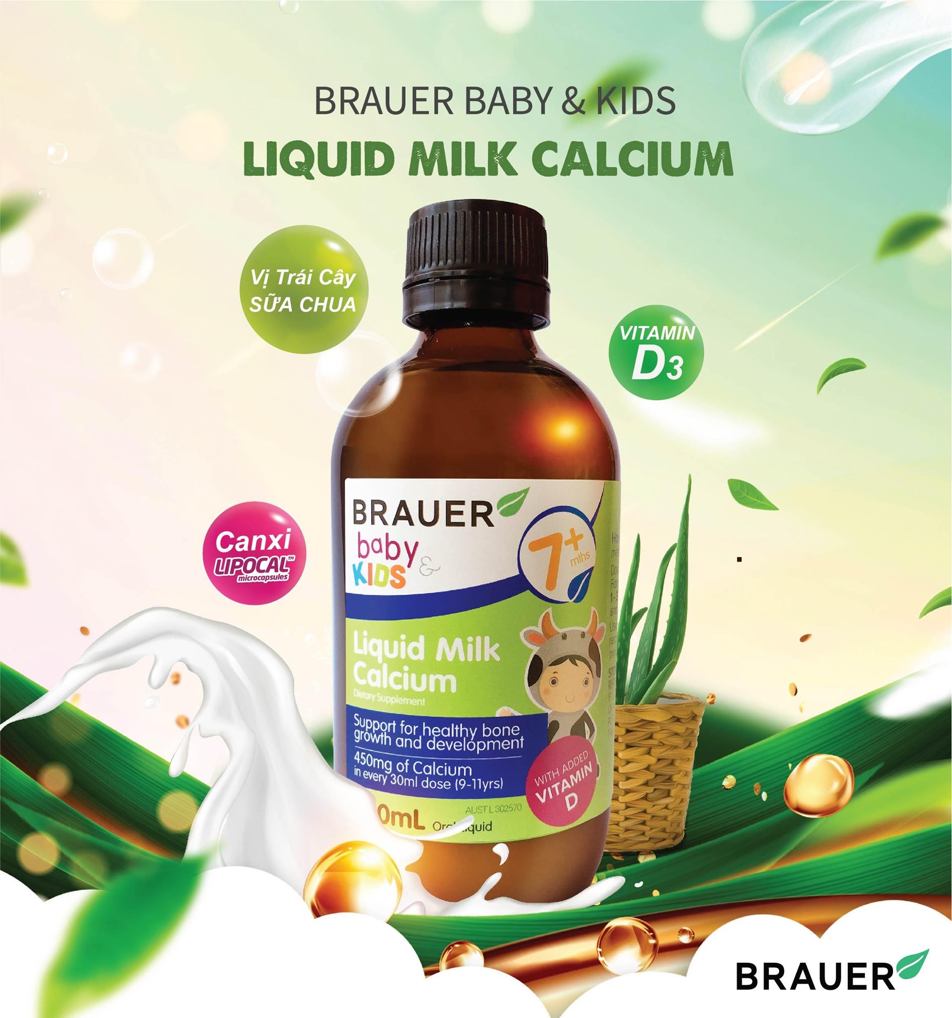 Bổ sung Canxi dạng sữa và Vitamin D Brauer Baby & Kids Liquid Milk Calcium cho bé từ 7 tháng tuổi (200ml) quatangme-com-vn