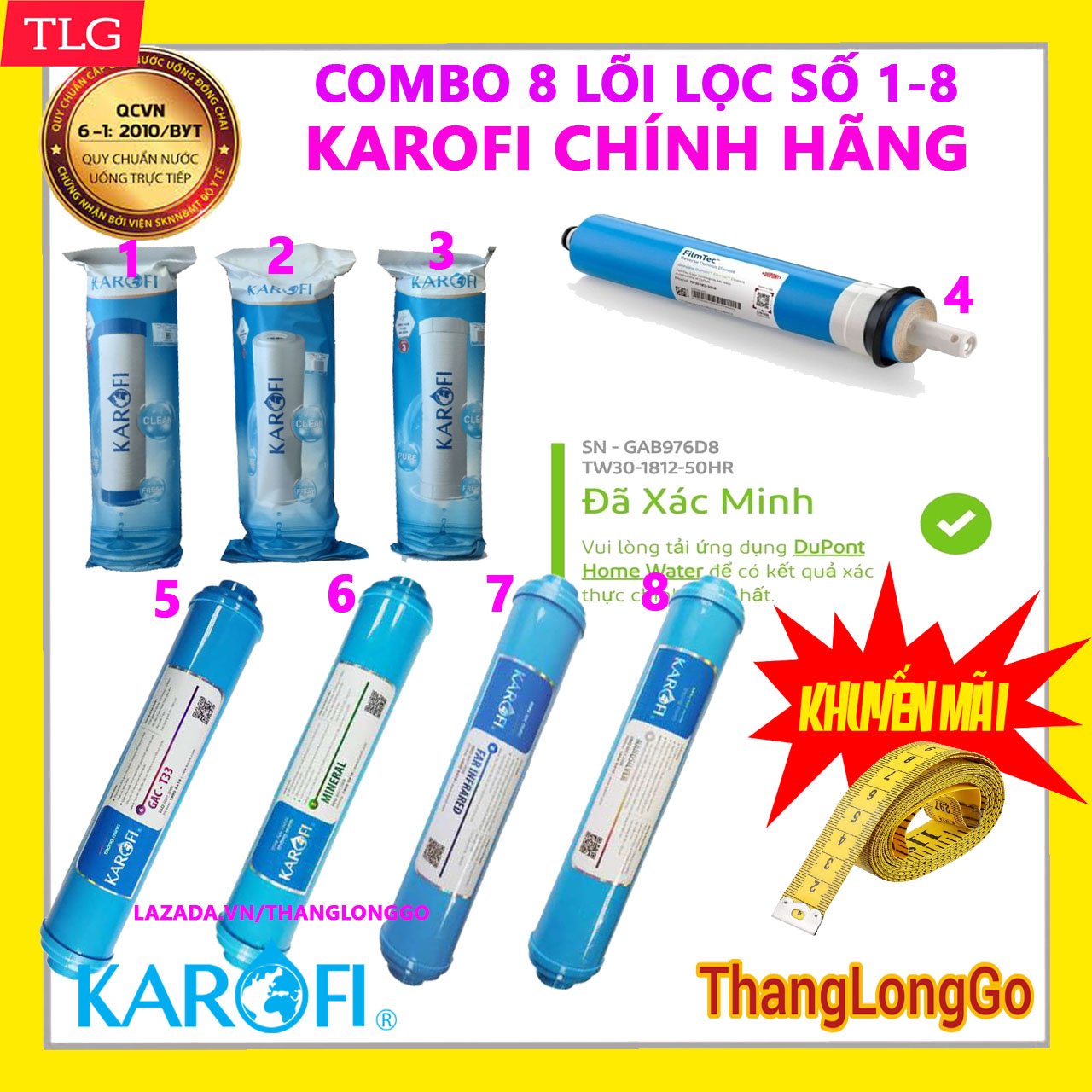 COMBO 8 LÕI LỌC KAROFI DÀNH CHO MÁY 8 CẤP  GỒM BỘ 123 - DOW - T33 - MIN - FAR - NANO
