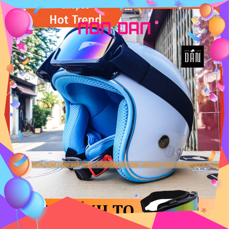 Mũ bảo hiểm 3/4 trắng lót xanh biển siêu cute - Nón 3/4 trặng lót nhiều màu chọn lựa