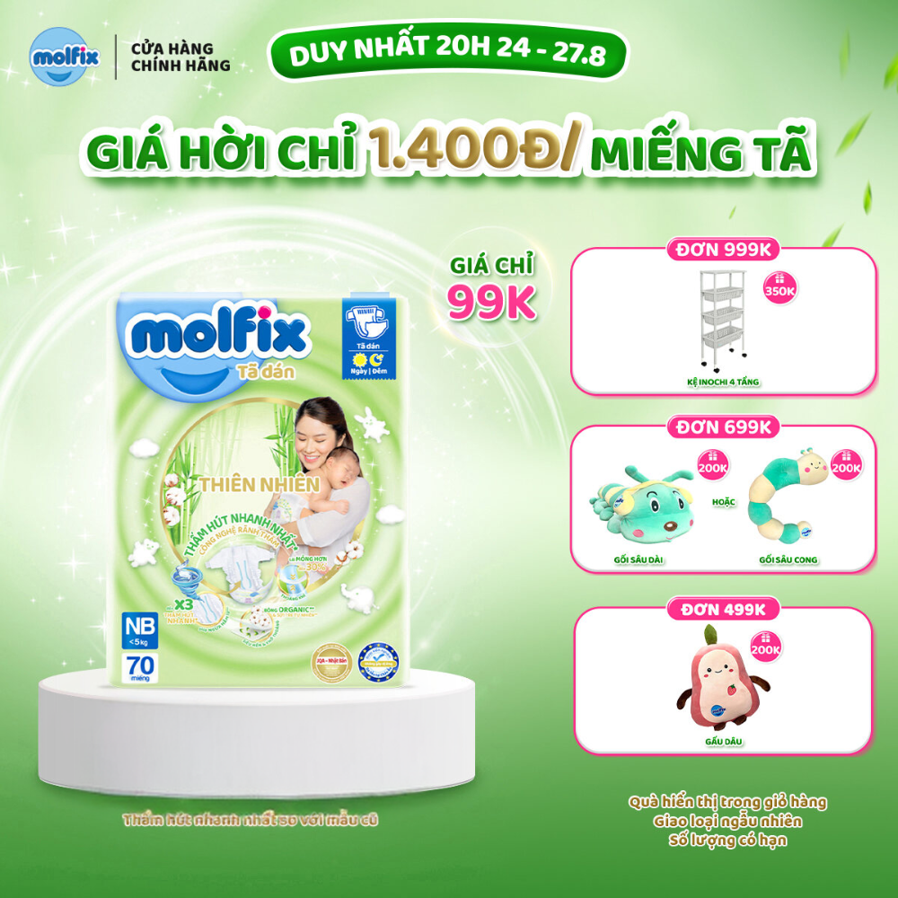 Tã/bỉm dán sơ sinh Molfix Thiên nhiên Jumbo Newborn - Gói 70 miếng