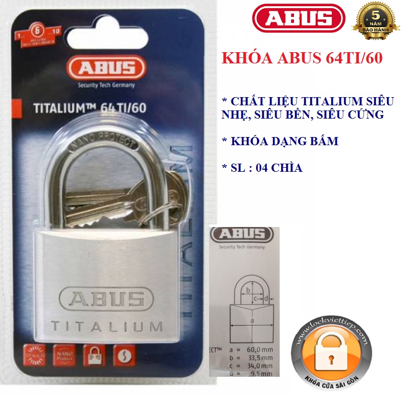 Ổ khóa abus 64ti/60 thân titalium rộng 60mm - bh 5 năm
