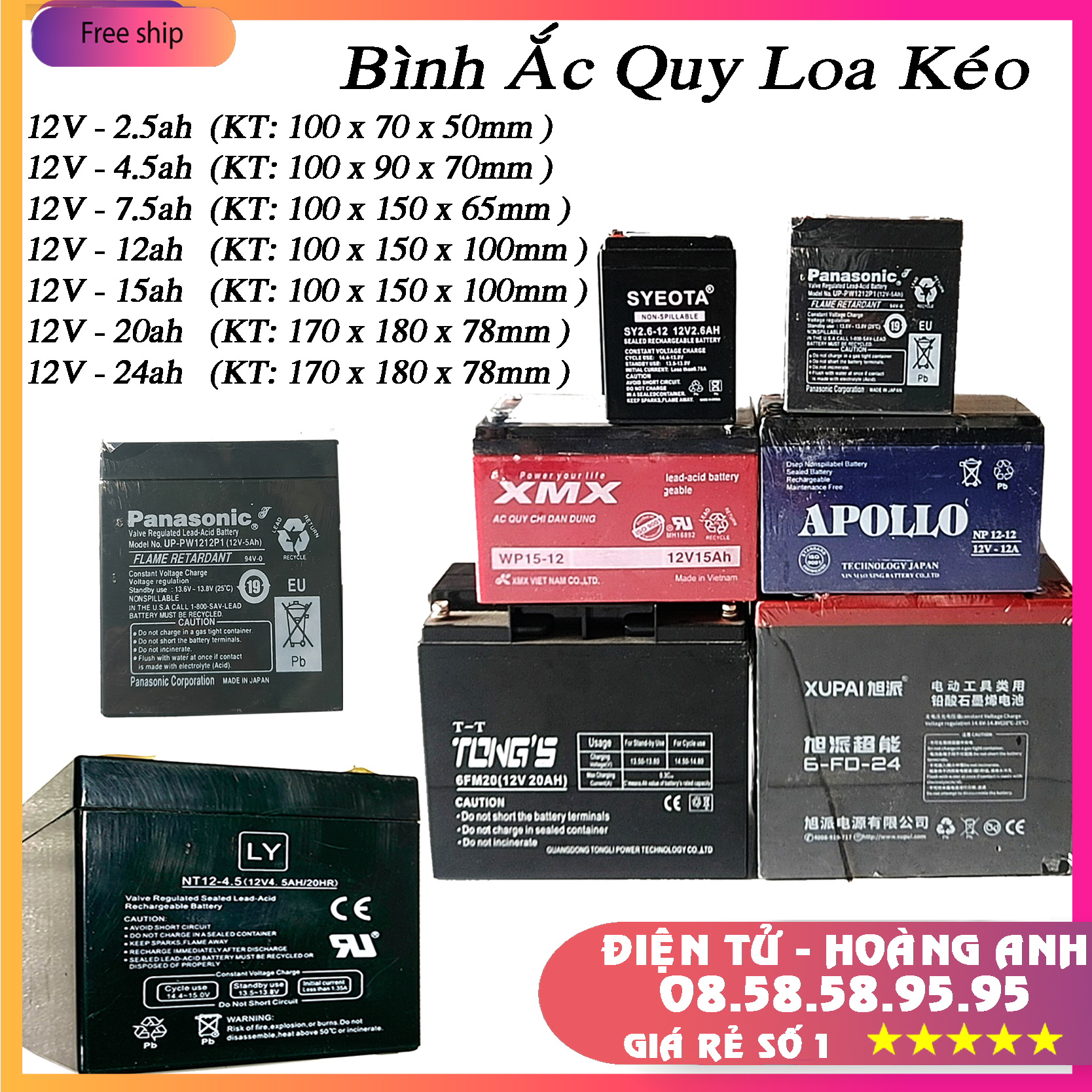Bình acquy loa kẹo kéo 12v - 2.5ah - 4.5ah - 7.5ah - 12ah - 15ah - 20ah - 24ah dành cho loa kéo jbz 106-107-108-109