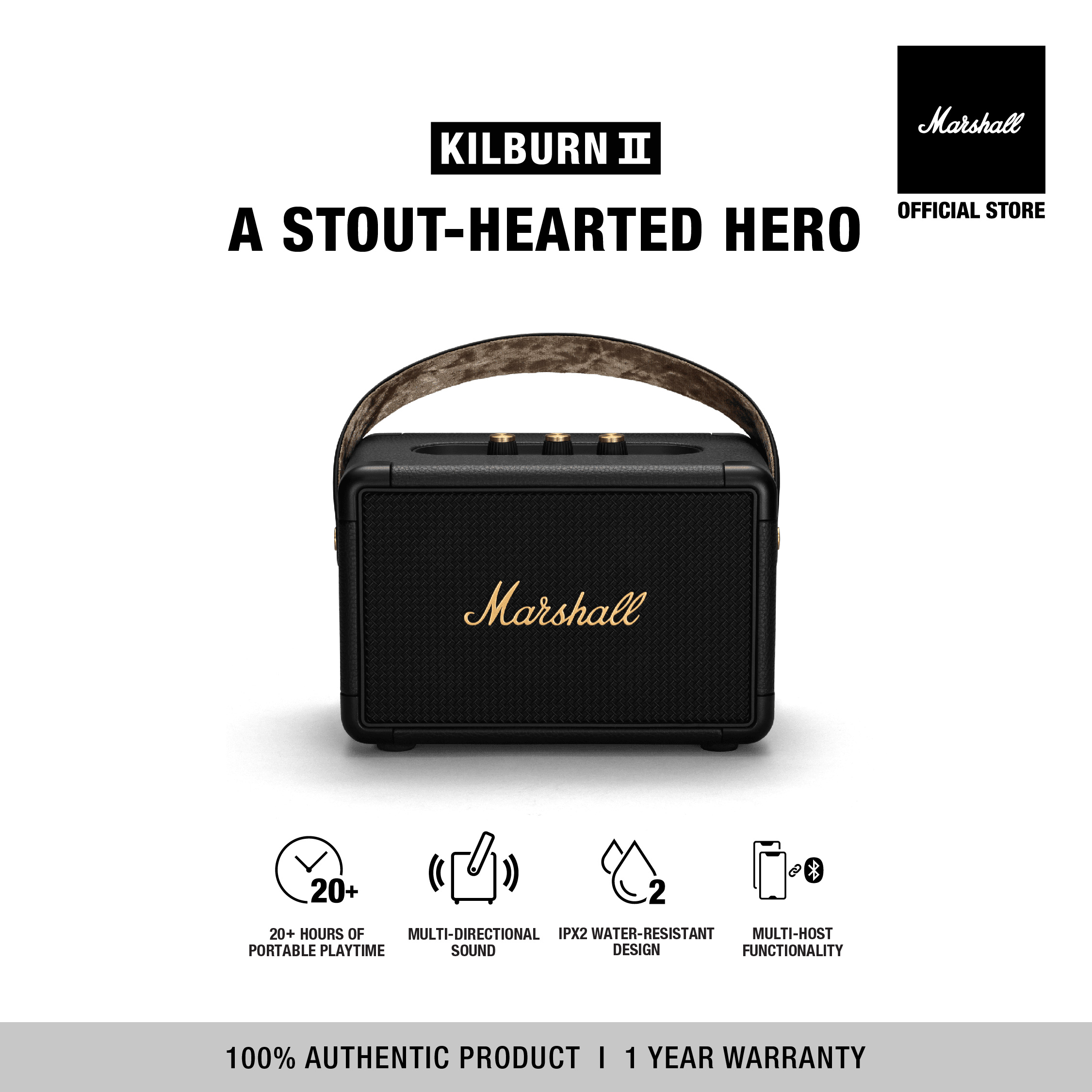 Loa Marshall Bluetooth KILBURN II Portable - Pin lên đến 20 giờ* - Bảo Hành Chính Hãng 1 Đổi 1 Trong 1 Năm