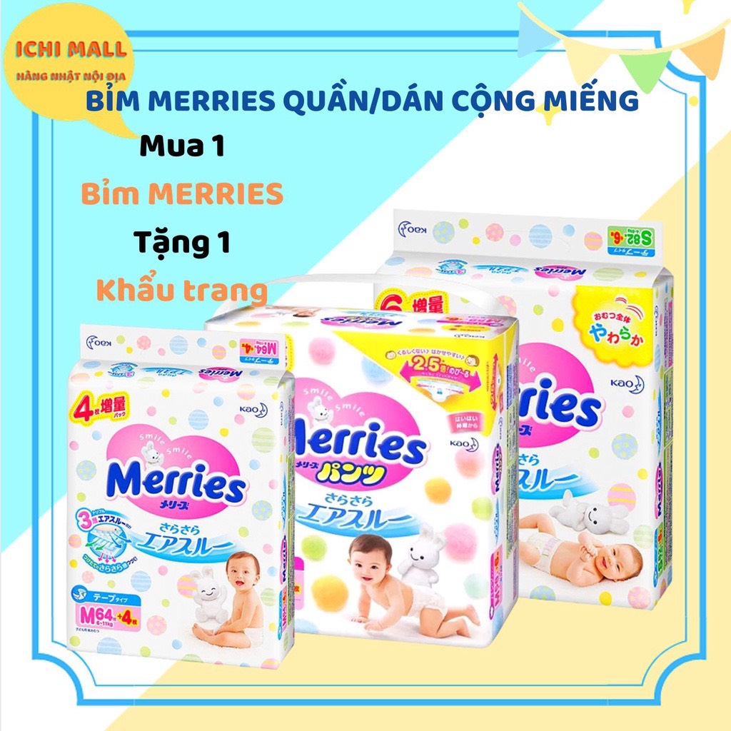 Combo 2 bịch bỉm dán/quần merries cộng miếng nội địa nhật ss96/ s88/m64/m68/ l58/ l50/xl44/xxl28