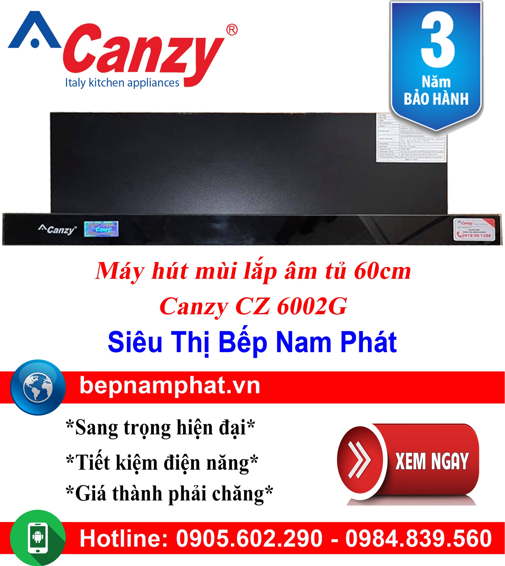 Máy hút mùi âm tủ Canzy CZ 6002G - Kích thước 60cm, màu kính đen và inox