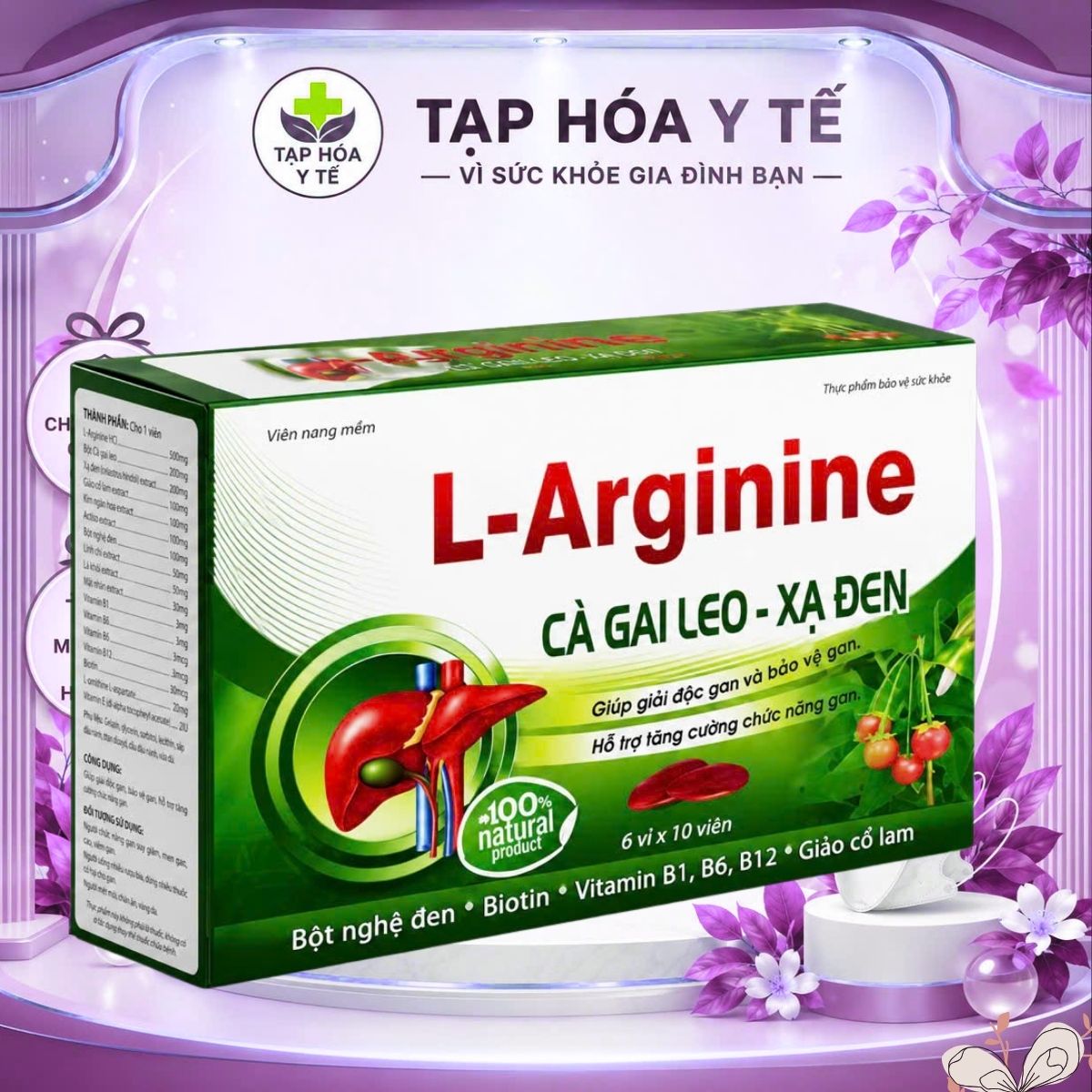 Tạp hóa y tế L-Arginine Cà gai leo - xa đen viên nang mềm 100% tự nhiên bổ gan khỏe, Biotin, Vitamin B6, B12, Giảo cổ lam