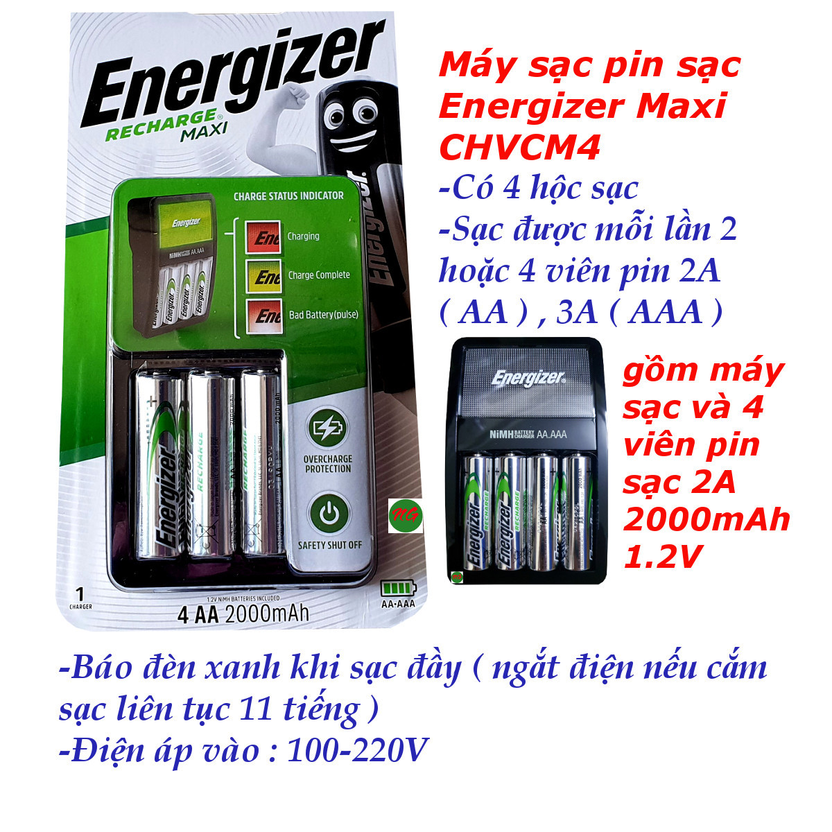 Bộ máy sạc pin aa - aaa kèm 4 viên pin sạc aa 2000 mah 1.2v energizer