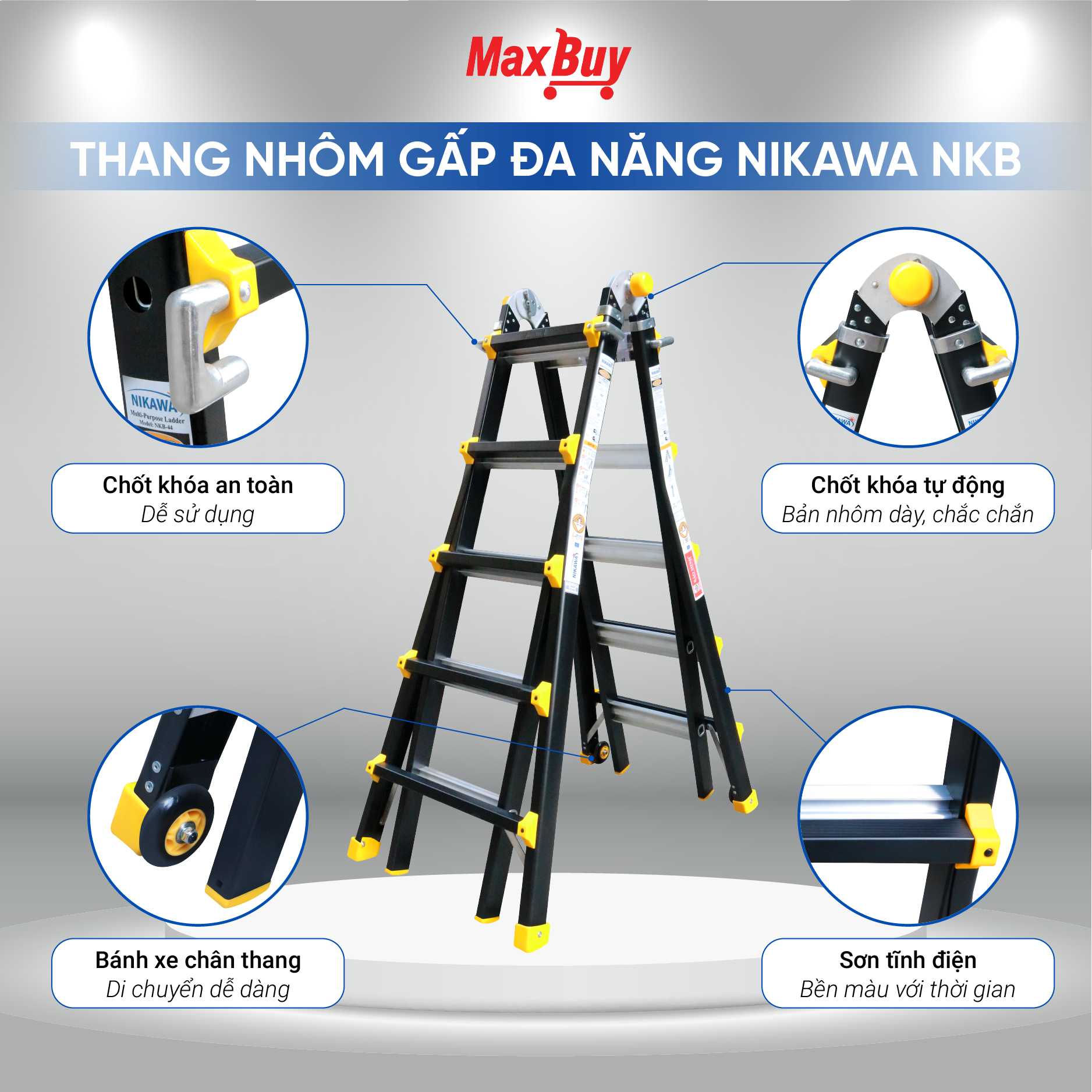 THANG GẤP ĐA NĂNG NIKAWA NKB - 44, NKB - 45, BẢO HÀNH 24 THÁNG, ĐỘ DÀY NHÔM 3mm - SIÊU BỀN, SIÊU CHẮ