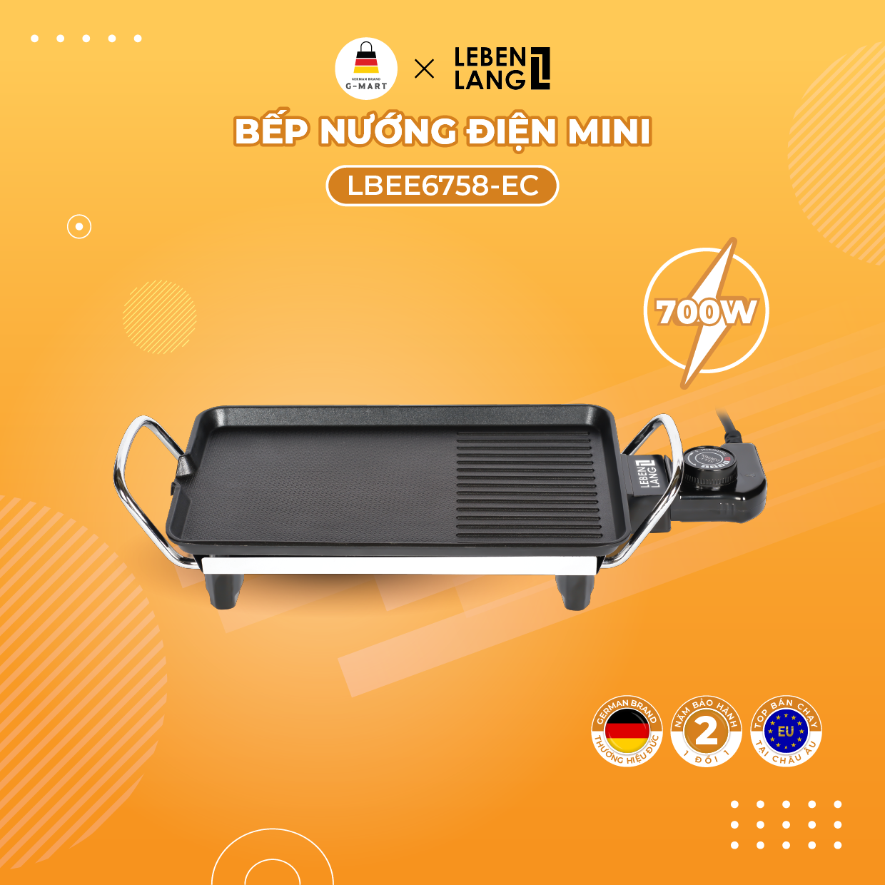 Bếp nướng điện không khoi' mini thương hiệu Đức Lebenlang LBEE6758-EC , vỉ nướng điện công suất 700W, bảo hành 2 năm 1 đổ