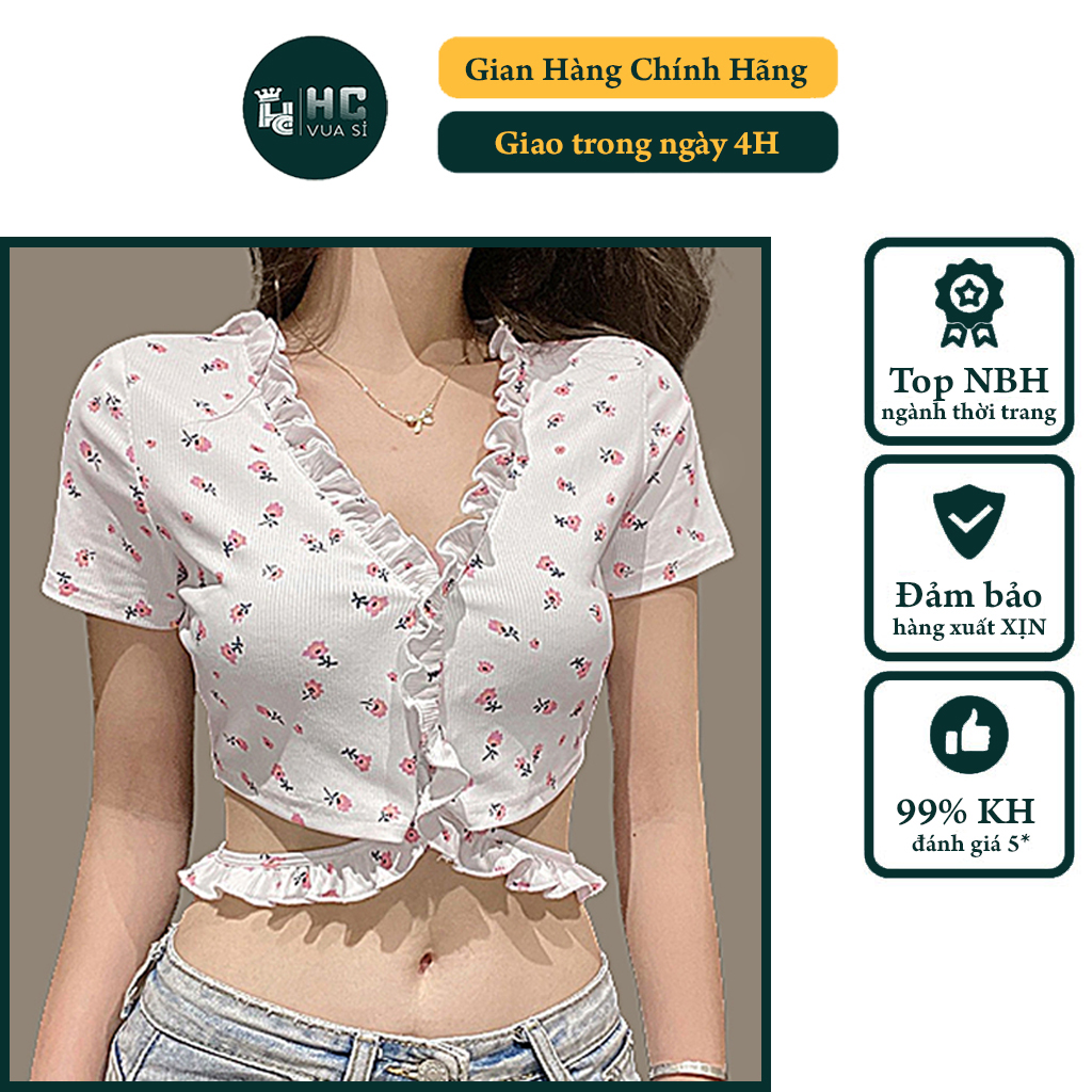 Áo croptop ôm body HCVUASI HC10, áo croptop tay ngắn họa tiết hoa nhí phối bèo dễ thương mặc đi chơi dự tiệc