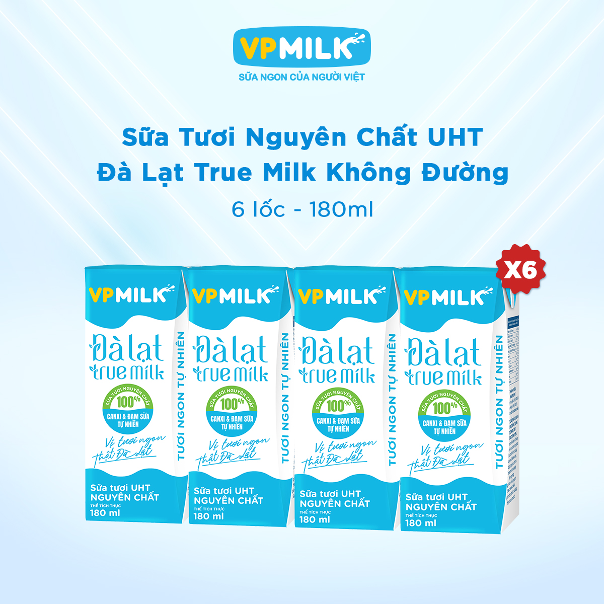 [6 lốc 180ml] Sữa Tươi Nguyên Chất UHT Đà Lạt True Milk Không Đường VPMilk