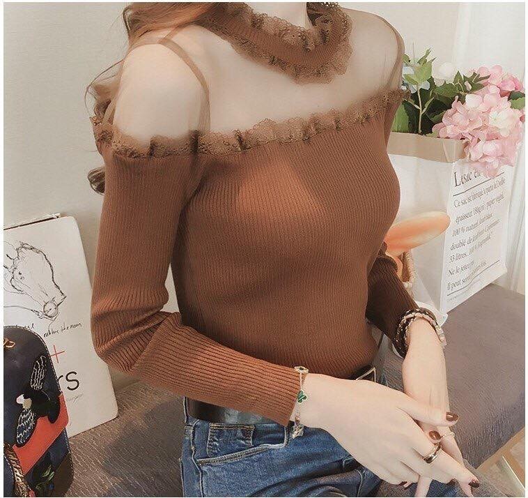 Áo len nữ cổ phối ren