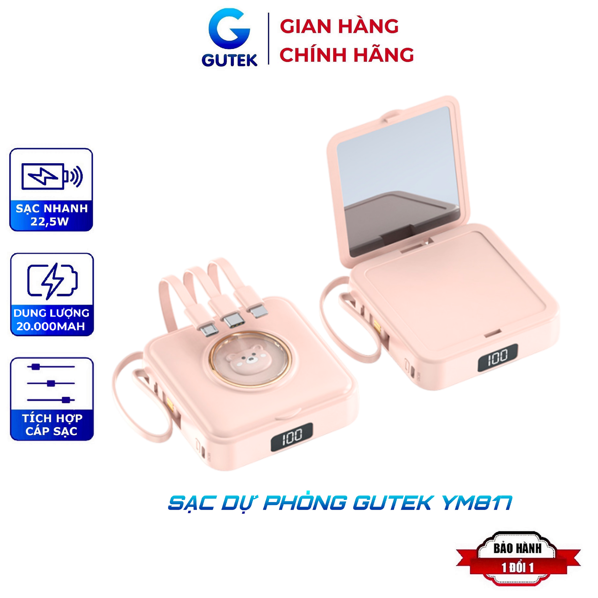  Sạc dự phòng 20000mah sạc nhanh pin dung lượng lớn có dây sạc cho nhiều điện thoại - Gutek YM817 