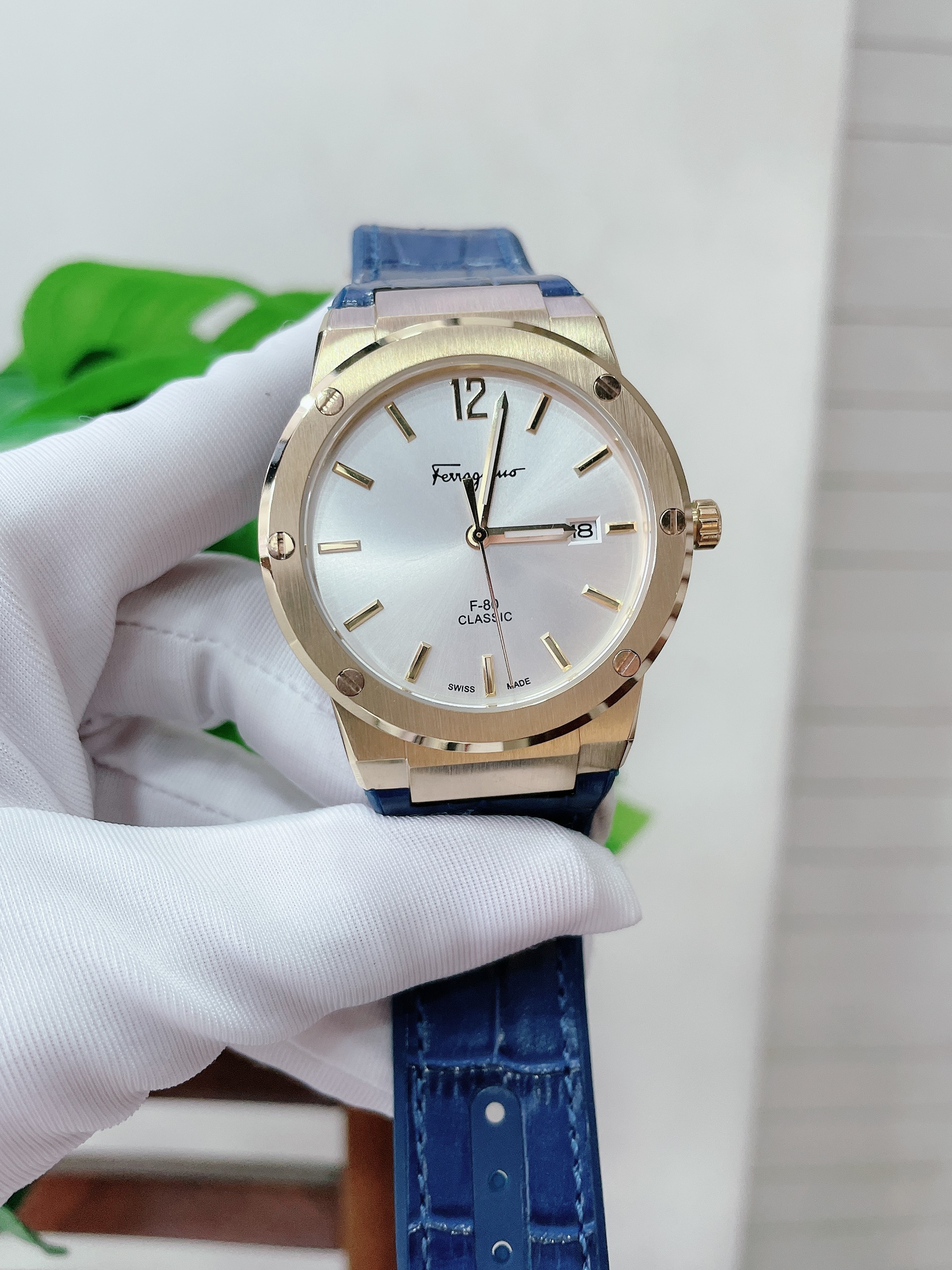 Đồng hồ nam feragaazstore f80 classic - dây da cao su - màu xanh navy - size 41mm