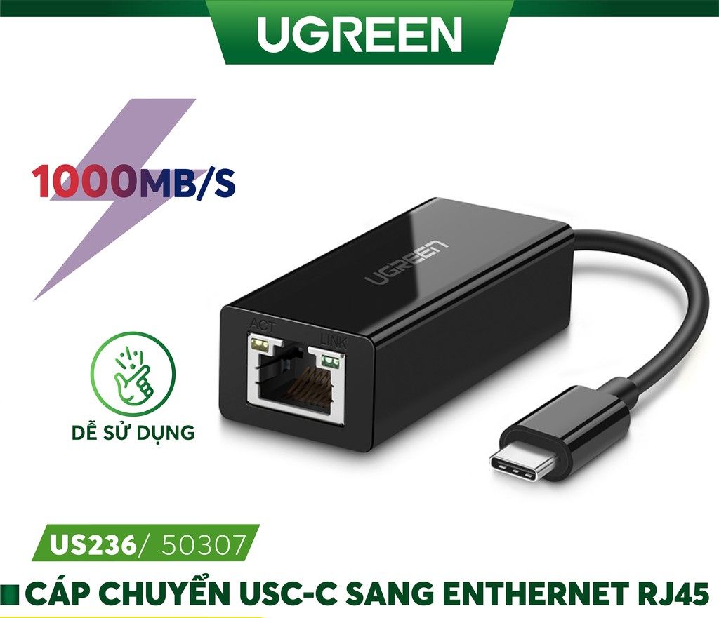 Cáp usb type-c to lan 10/100/1000mbps ugreen 50307 cao cấp