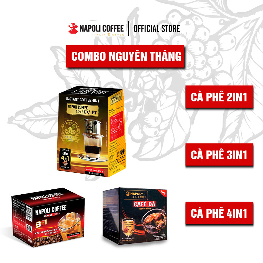 [Hỏa tốc 2h] [COMBO đặc biệt] 1 hộp cà phê đen 2in1- 1 hộp cà phê sữa đá 3in1 - 1 hộp cà phê hòa tan 4in1 bổ sung socola Napoli Coffee [Hộp 10 gói] [Freeship Max]