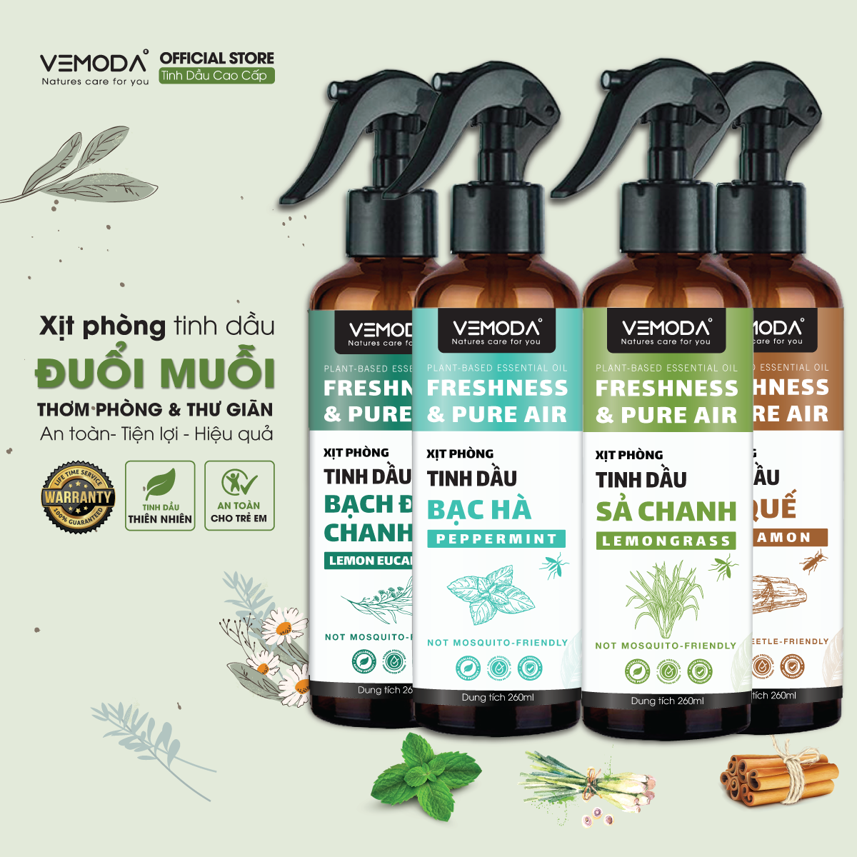 Bình Xịt phòng tinh dầu Sả chanh hỗ trợ đuổi muỗi cao cấp Vemoda. Chai xịt phòng hỗ trợ xua muỗi tinh dầu Sả chanh, Bạc hà, Quế, Bạch đàn chanh Vemoda. Bình phòng tinh dầu hỗ trợ đuổi muỗi, côn trùng, kiến, gián. Bình Xịt thơm phòng, thư giãn, khử mùi