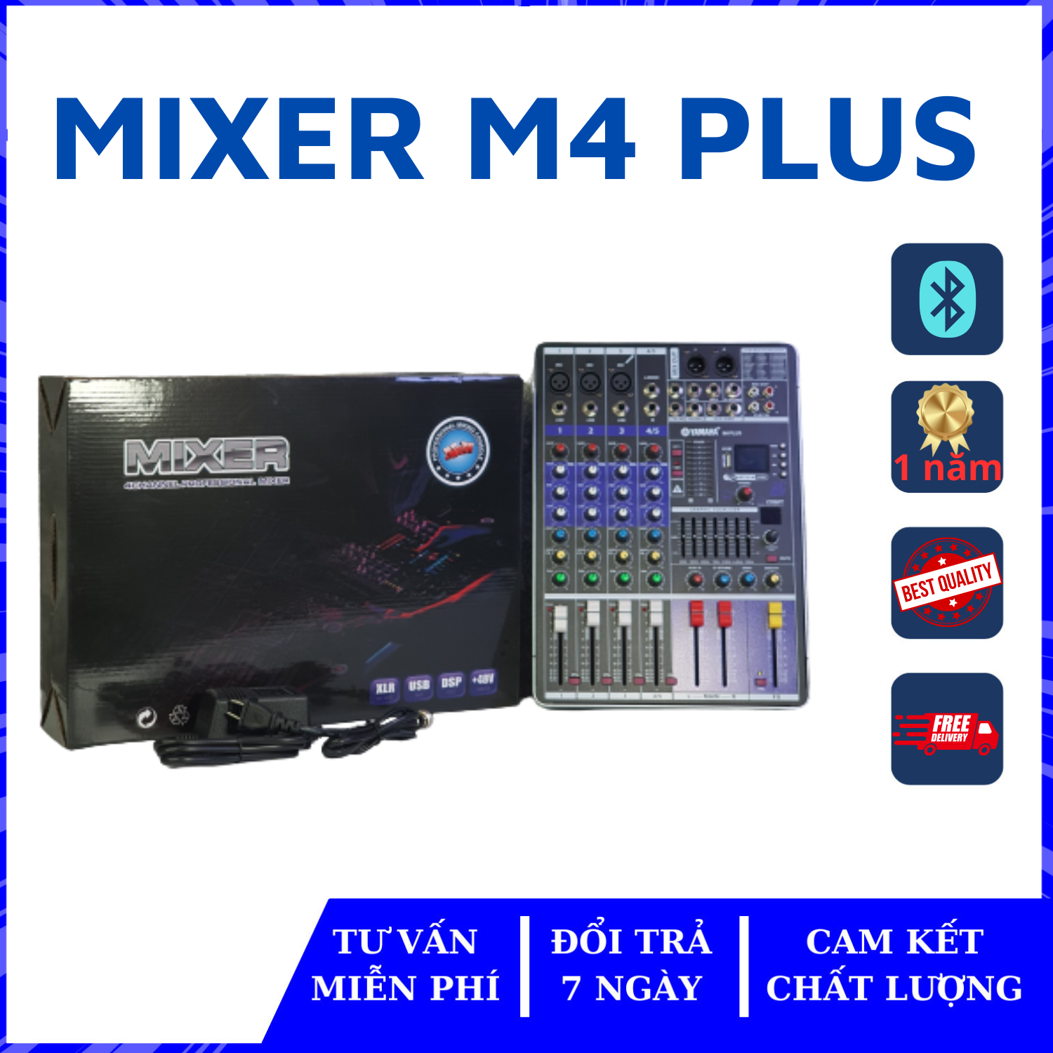 Trọn Bộ Mixer Yamaha M4 Plus 2023 Thiết Kế 4 Kênh Đầu Vào Gồm 3 Cổng Mono Và 1 Cổng StereoHỗ Trợ Kết Nối BluetoothEffect Tích Hợp Tới 99 Hiệu Ứng EchoReverb Cực Hay Và Mượt MàTrong Trẻo