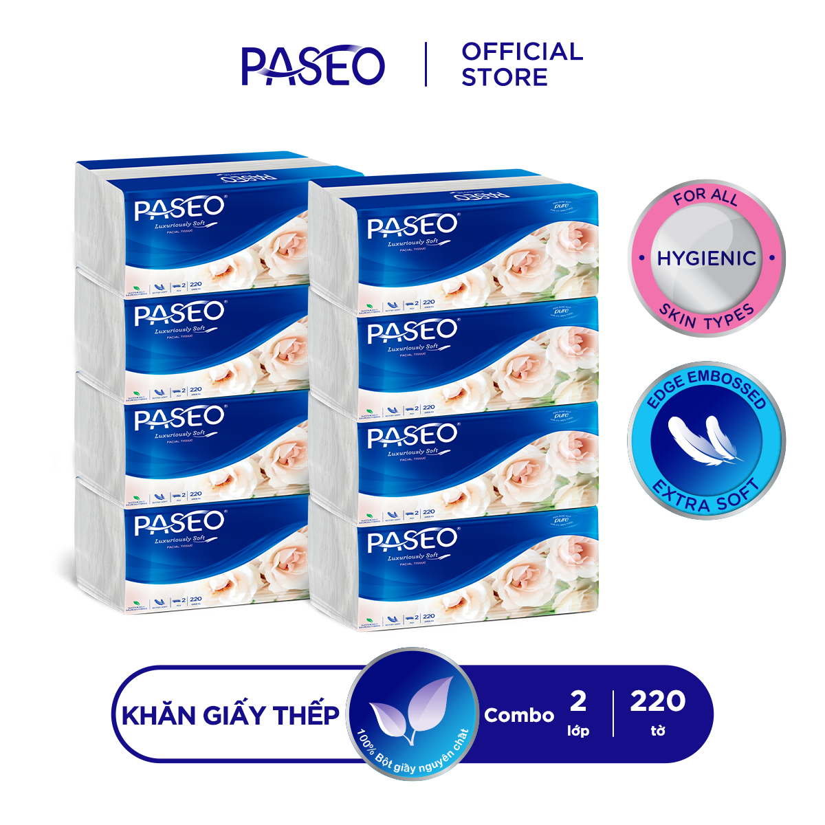 Combo 8 gói khăn giấy rút cao cấp Paseo siêu mềm mịn (220 tờ 2 lớp)/gói