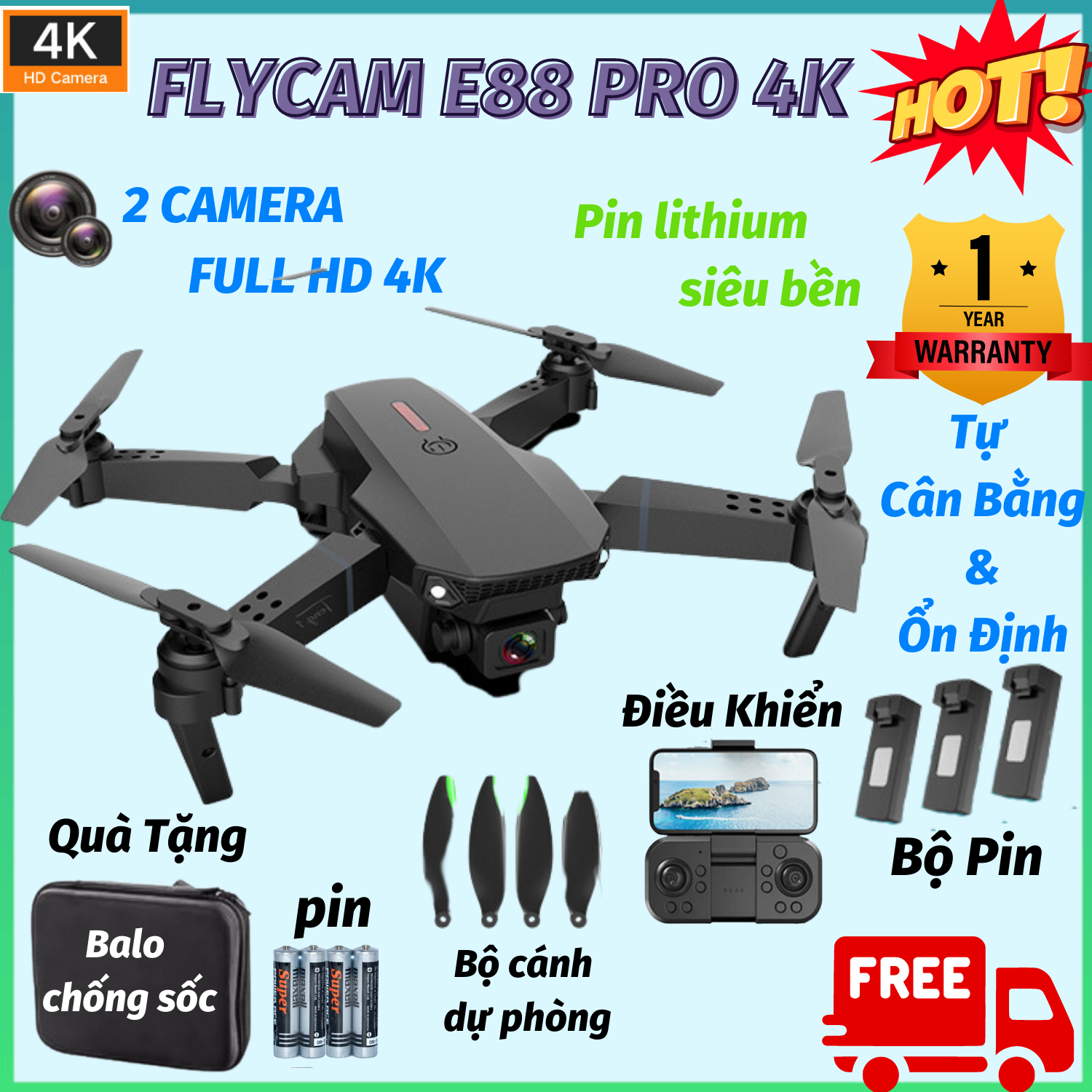 Máy bay flycam E88 2 camera Pro  giá rẻ, Drone mini camera kép 4k, Máy bay không người lái 4 cánh điều khiển từ xa truyền ảnh trực tiếp, bay ổn định, pin siêu trâu(Quà tặng hấp dẫn)