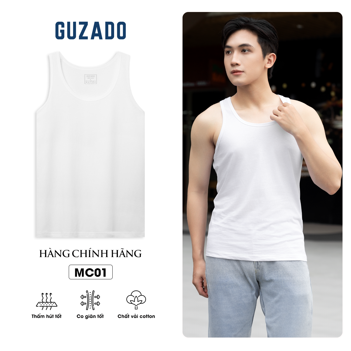 Áo ba lỗ nam GUZADO chất cotton 100% co giãn thấm hút tiêu chuẩn RSC201
